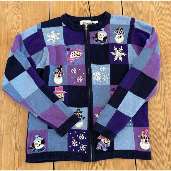 Vintage Christmas Zip Up Cardigan Snowman Purple Blue Small - Picture 1 of 7